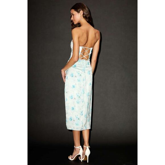 NWT Lulus Alaiya Mint Floral Strapless Lace-Up Midi Dress Banquet Gala Party XS - Picture 3 of 9